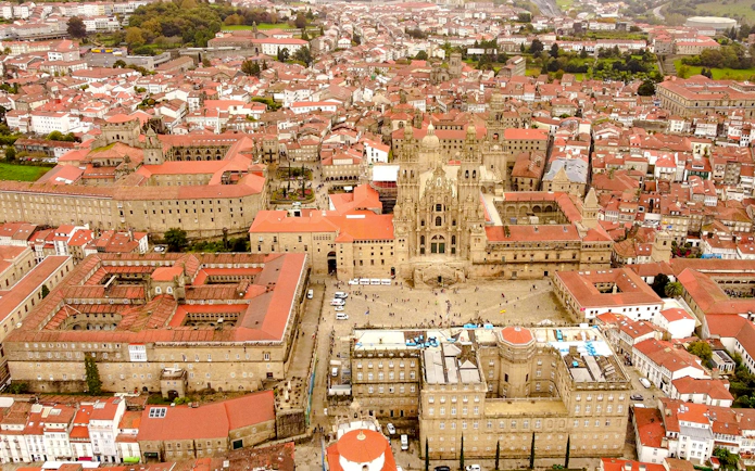 Aerial view of Santiago de Compostela Cathedral and main square, Galicia, Spain.
