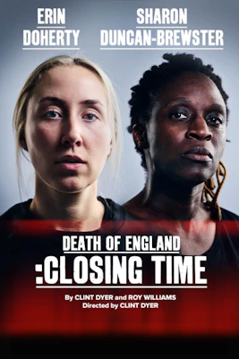 Theatre stage with actors performing "Death of England: Closing Time" in London.
