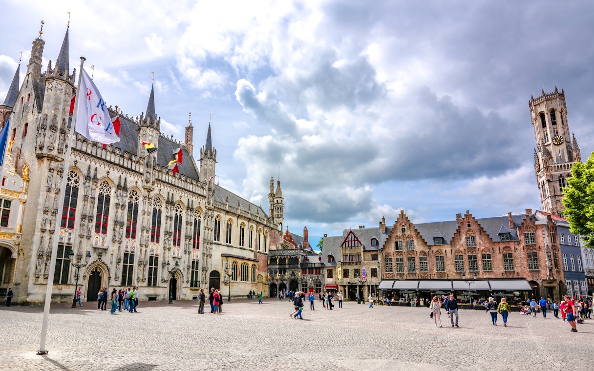 Burg Square with Town Hall, Basilica of the Holy Blood, and Belfort Tower, Bruges, Belgium.