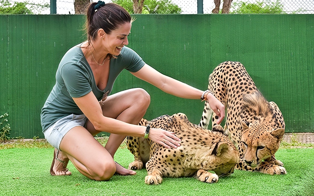 Woman kneeling and petting two cheetahs at Tiger Kingdom experience.