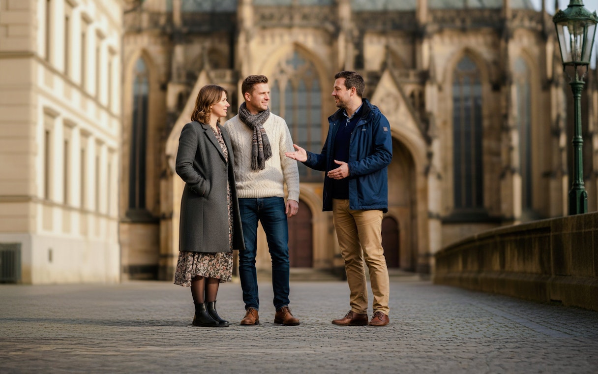 Visitors on a guided tour at Prague Castle, standing near historic architecture.