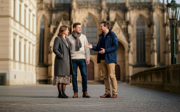 Visitors on a guided tour at Prague Castle, standing near historic architecture.