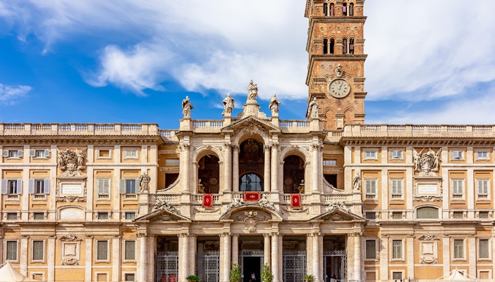Santa Maria Maggiore Basilica exterior view in Rome, showcasing its ornate facade and architectural details.