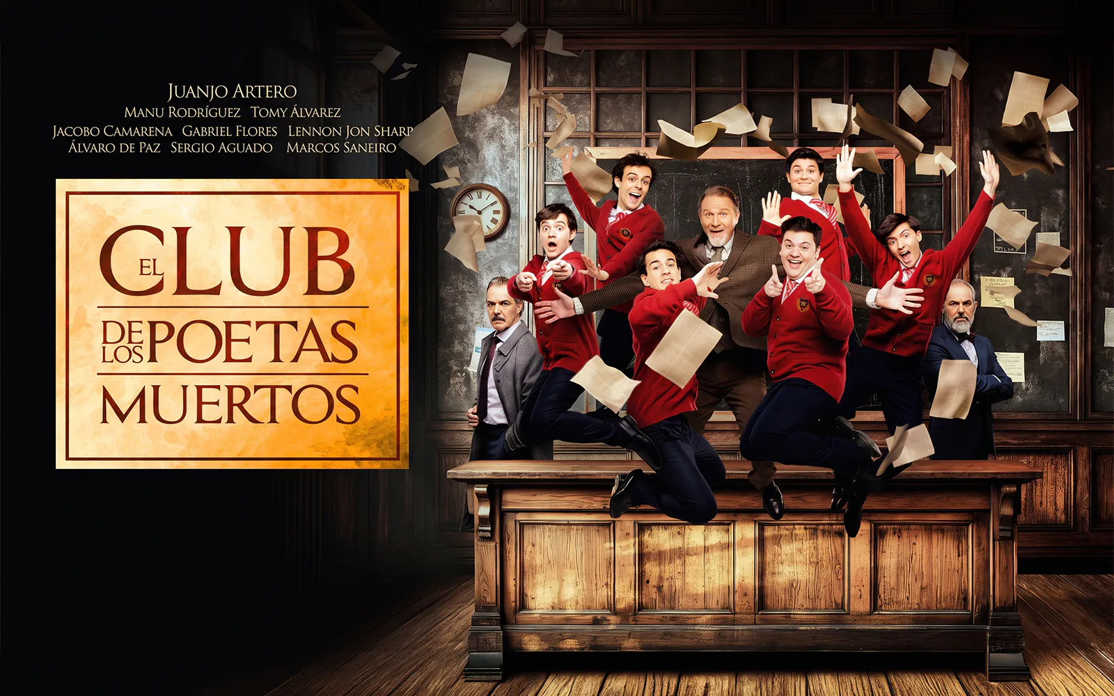 Group of people in red sweaters jumping on a desk with papers flying, related to Dead Poets Society.