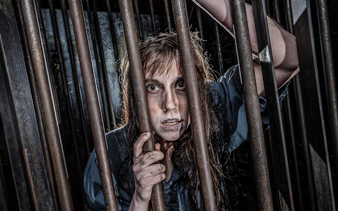 Witch character behind bars at York Dungeon's Curse of the Witch attraction.