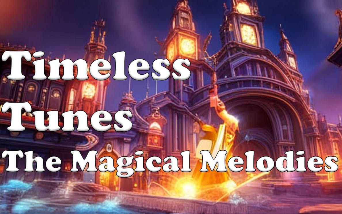 Grand clock tower with glowing lights at night, "Timeless Tunes: The Magical Melodies" text overlay.