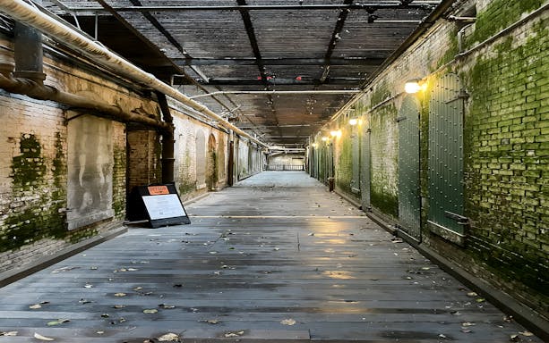 Walkway to prison cells with mossy walls on Alcatraz Island, San Francisco.