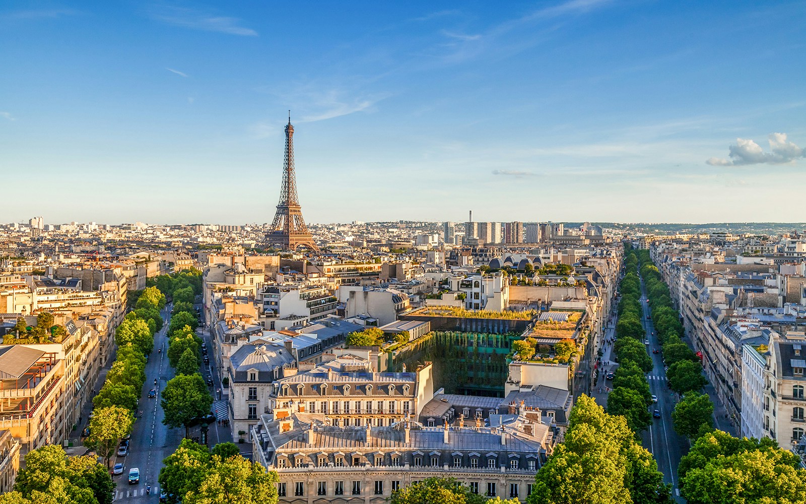 Paris skyline with Eiffel Tower viewed from Arc de Triomphe, showcasing cityscape and tree-lined streets.