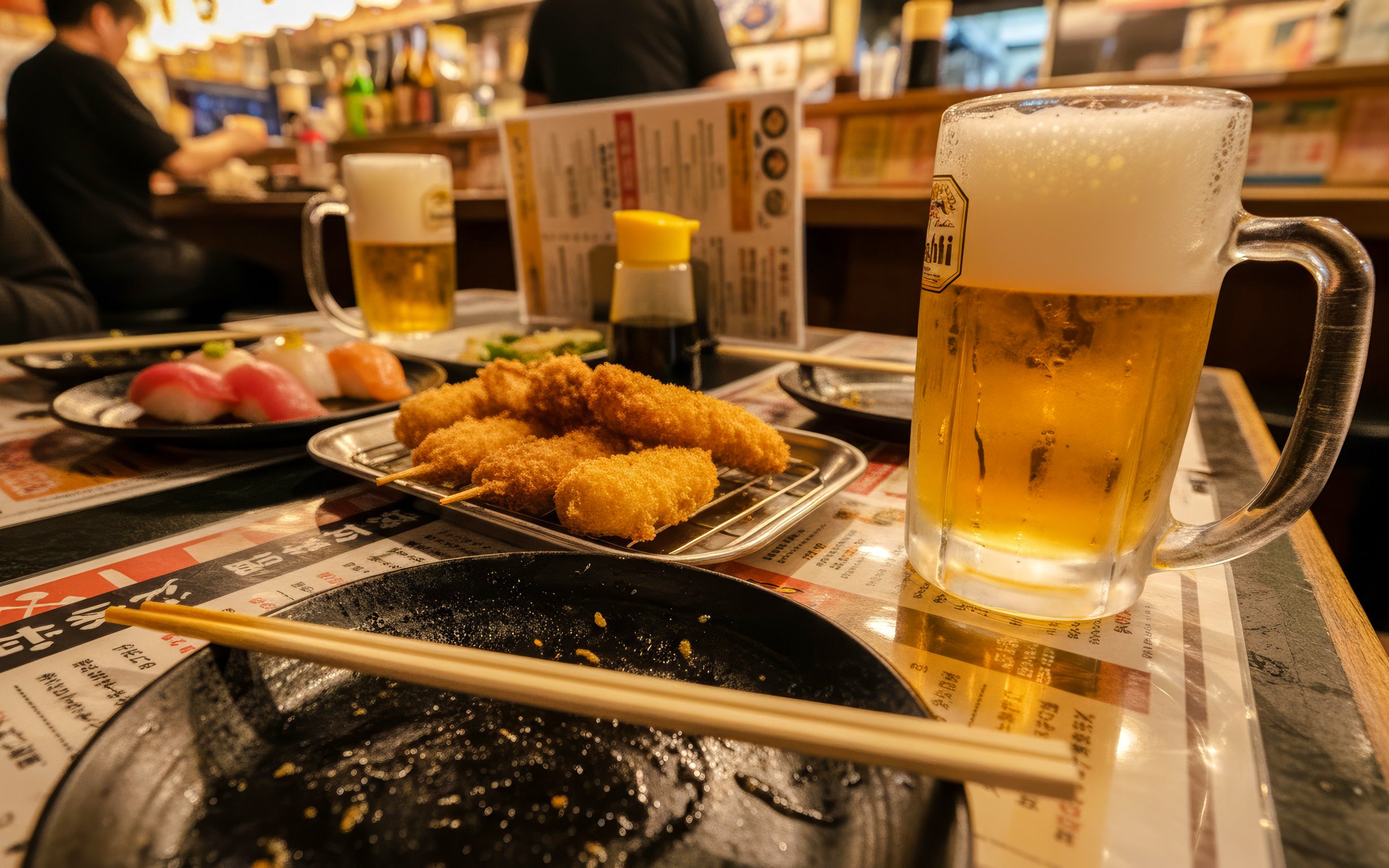 Beer mugs and skewers on a table in a Japanese izakaya setting.