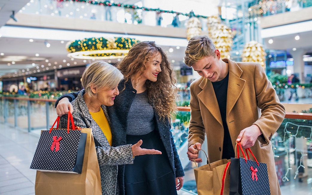 Family shopping in a Swiss mall with holiday decorations and various stores in the background.