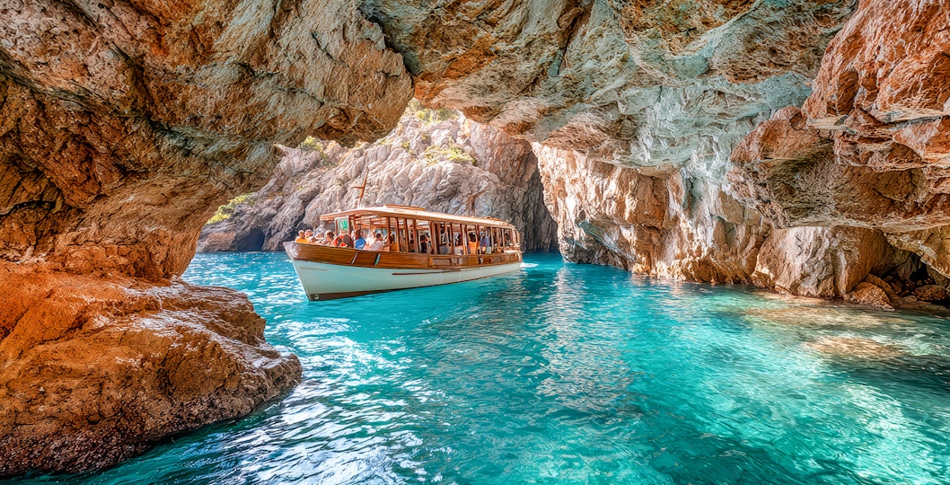 Boat navigating through Blue Caves in Kotor, Montenegro.
