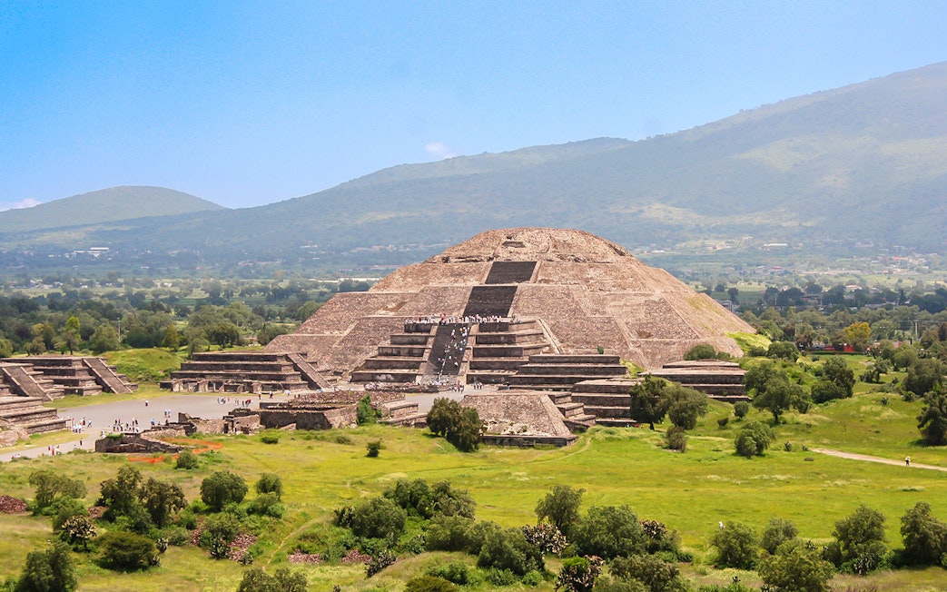 Pyramid of the Moon in Teotihuacan, Mexico with surrounding landscape.