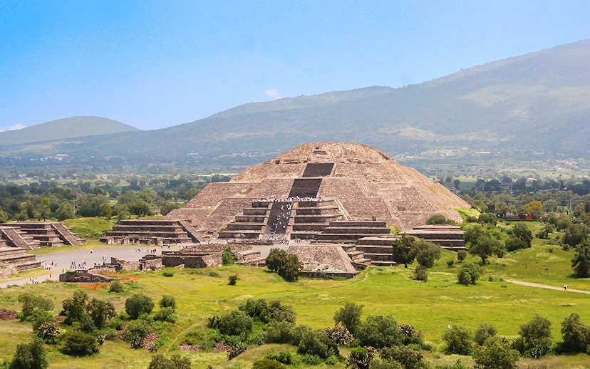 Pyramid of the Moon in Teotihuacan, Mexico with surrounding landscape.