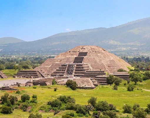 Pyramid of the Moon in Teotihuacan, Mexico with surrounding landscape.