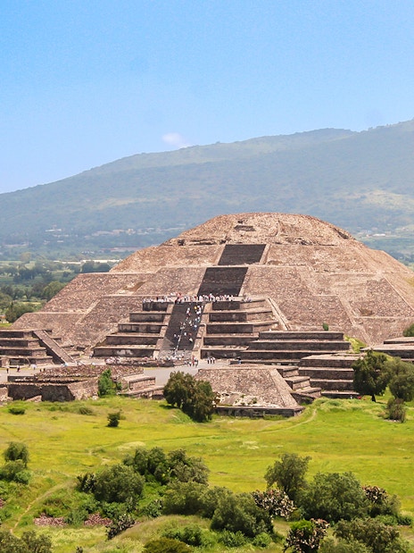Pyramid of the Moon in Teotihuacan, Mexico with surrounding landscape.
