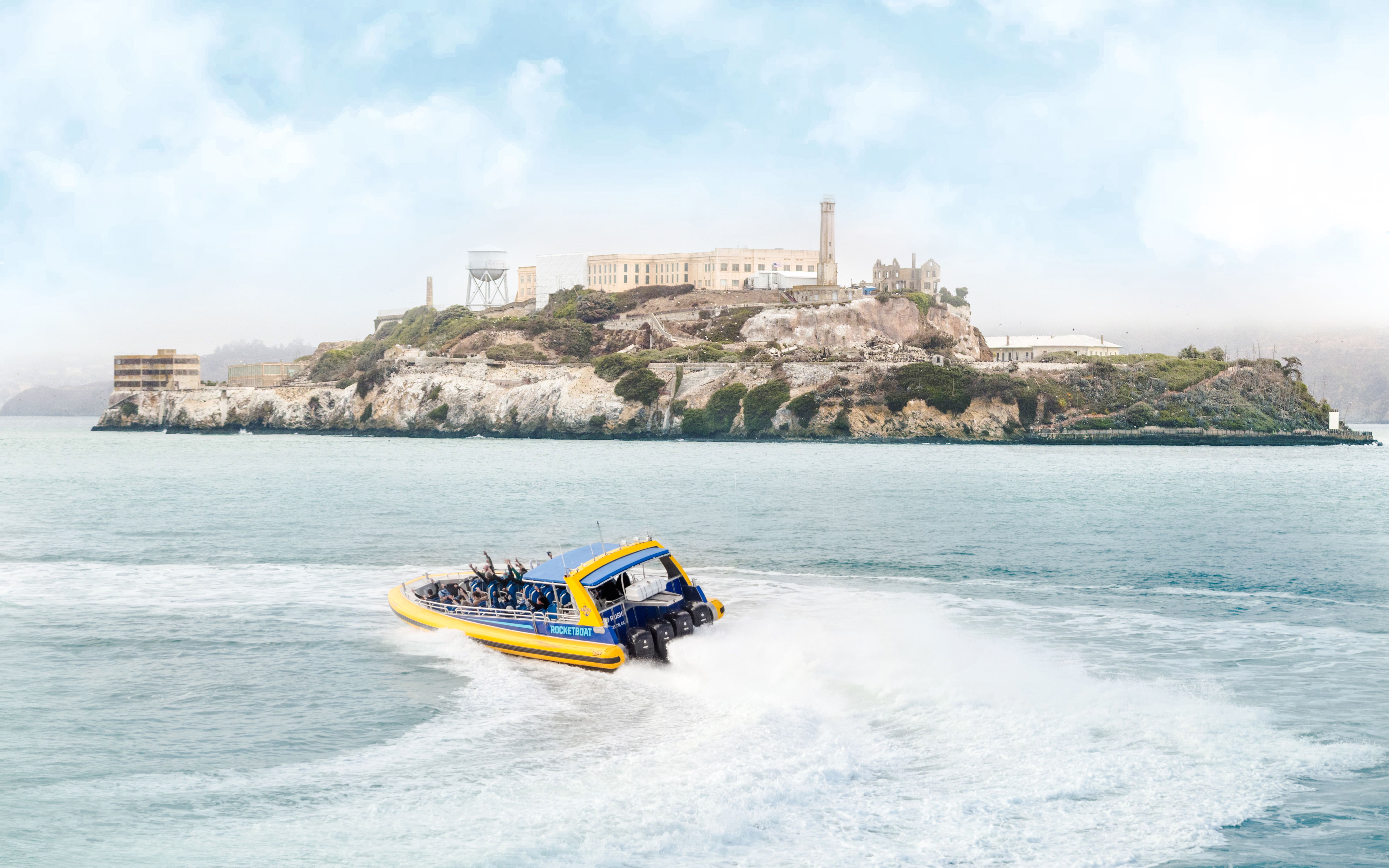 Speedboat adventure near Alcatraz Island, San Francisco.
