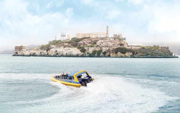 Speedboat adventure near Alcatraz Island, San Francisco.