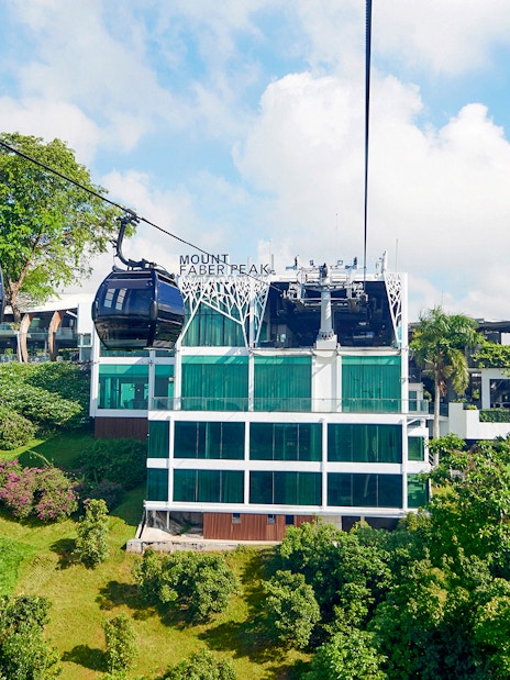 Singapore Cable Car passing Mount Faber Peak station amidst lush greenery.