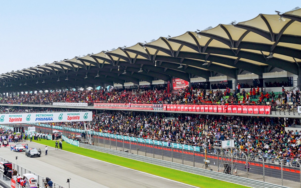 Grandstand view of spectators at Petronas Grand Prix of Malaysia 2023, Sepang International Circuit.