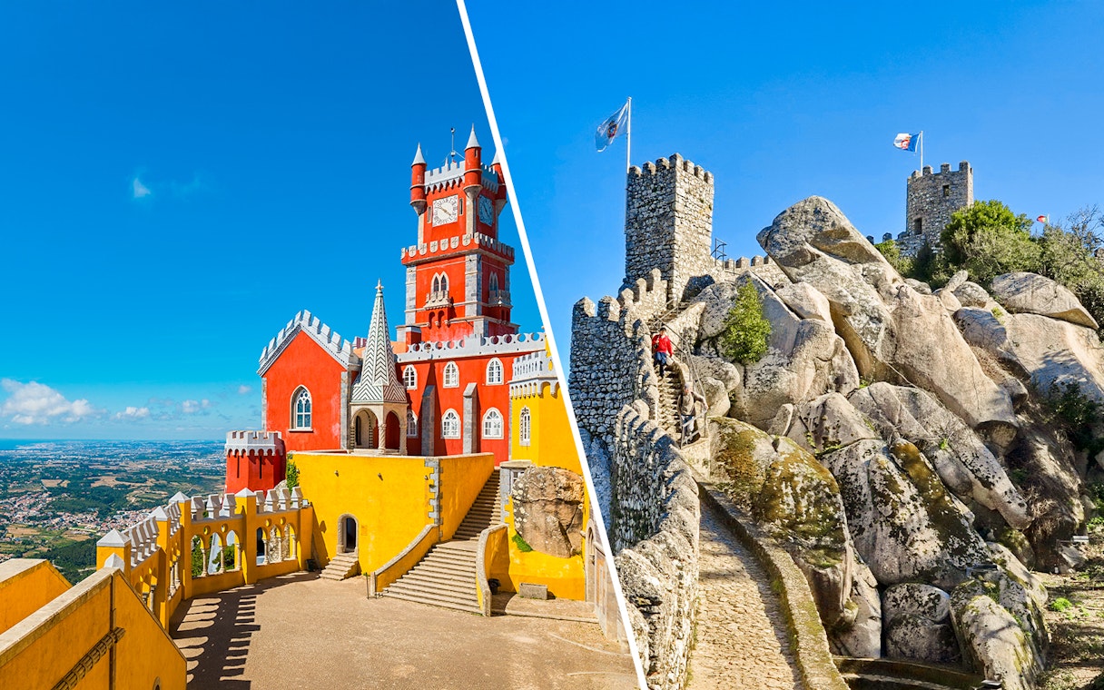 Pena Palace and Moorish Castle in Sintra, Portugal, showcasing vibrant architecture and ancient stone walls.