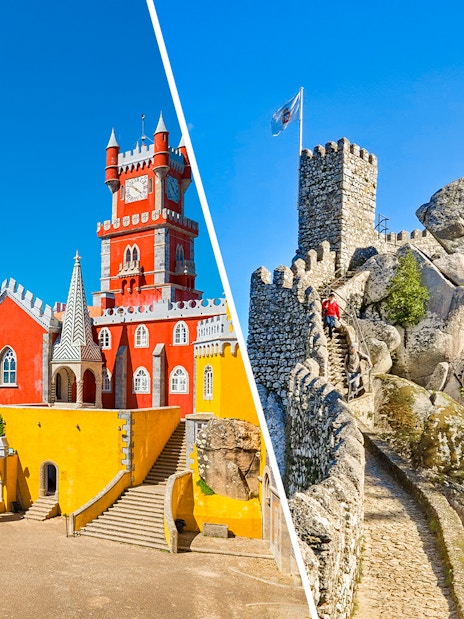Pena Palace and Moorish Castle in Sintra, Portugal, showcasing vibrant architecture and ancient stone walls.