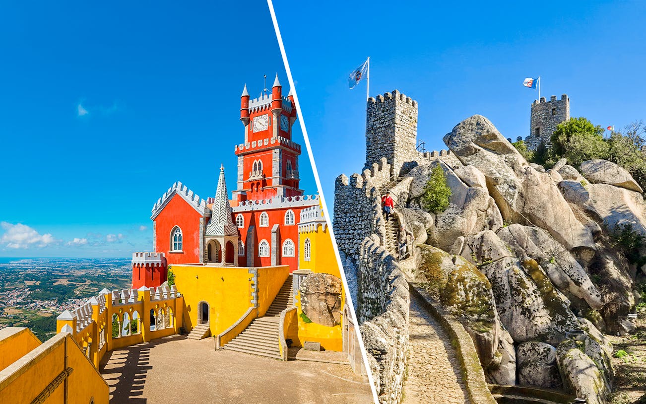 Pena Palace and Moorish Castle in Sintra, Portugal, showcasing vibrant architecture and ancient stone walls.