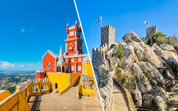 Pena Palace and Moorish Castle in Sintra, Portugal, showcasing vibrant architecture and ancient stone walls.