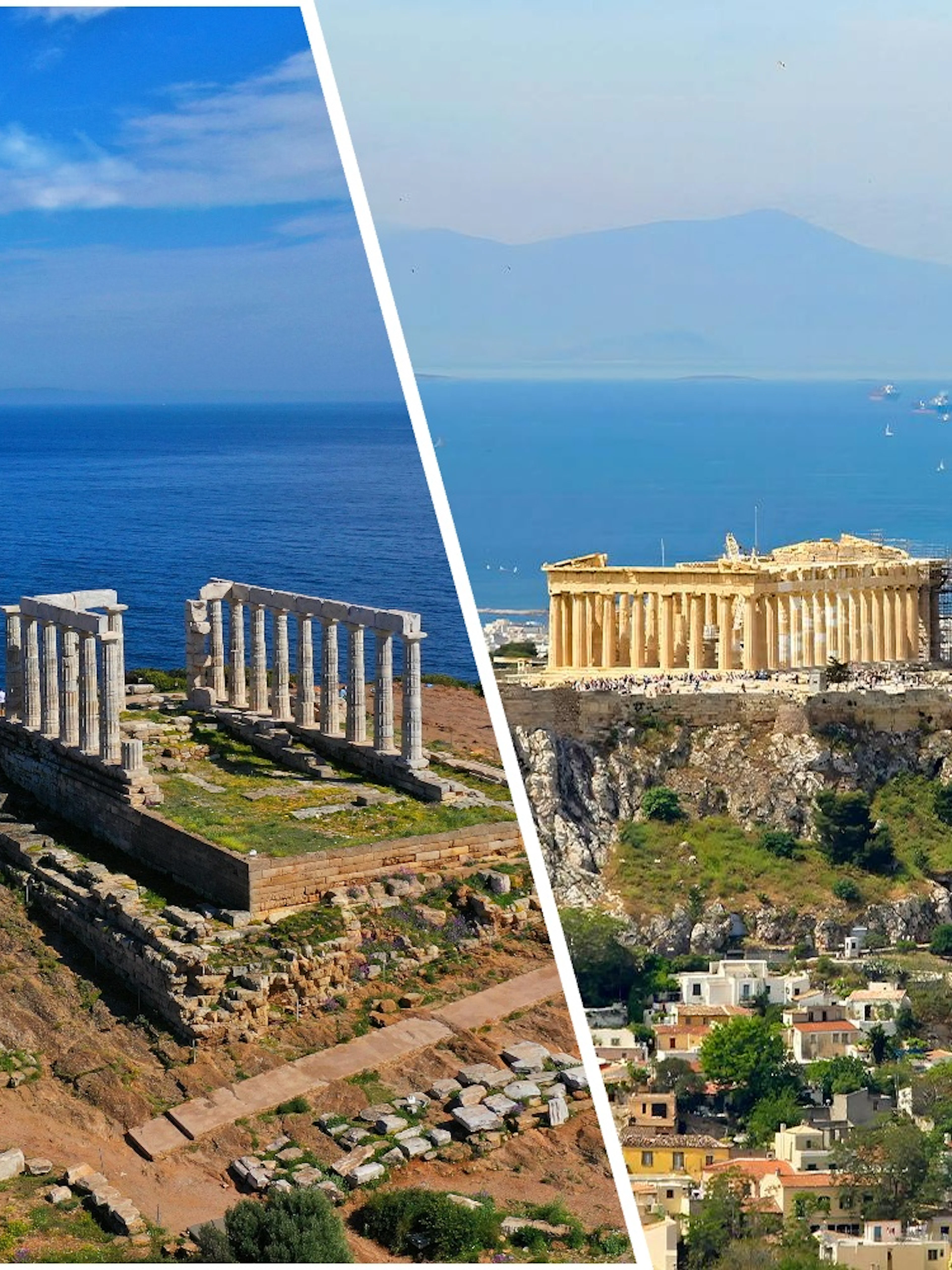 Temple of Poseidon at Cape Sounion and Acropolis in Athens, Greece, overlooking the sea.