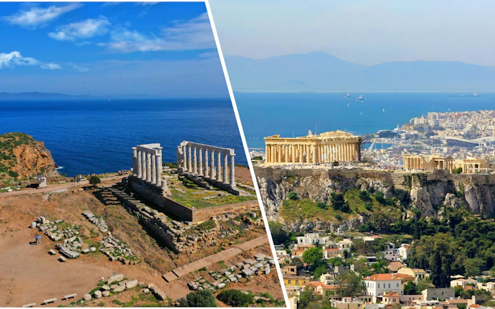 Temple of Poseidon at Cape Sounion and Acropolis in Athens, Greece, overlooking the sea.