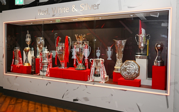 Trophies displayed in the cabinet at Liverpool FC Stadium, Anfield.