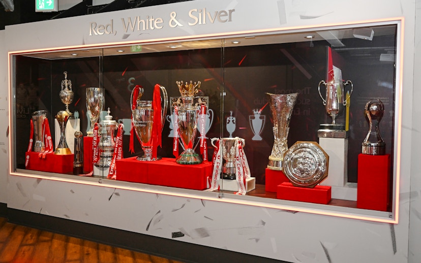 Trophies displayed in the cabinet at Liverpool FC Stadium, Anfield.