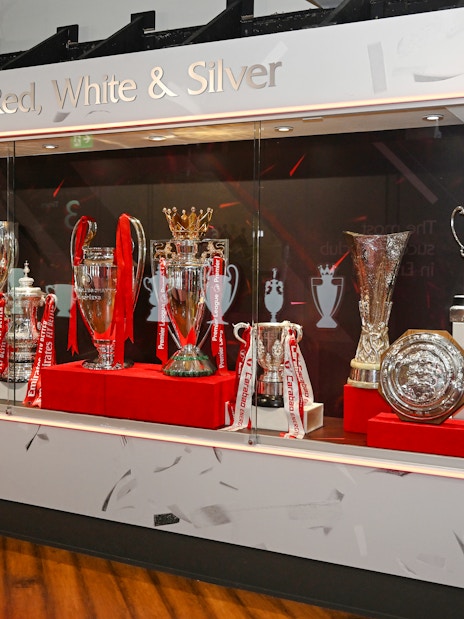 Trophies displayed in the cabinet at Liverpool FC Stadium, Anfield.