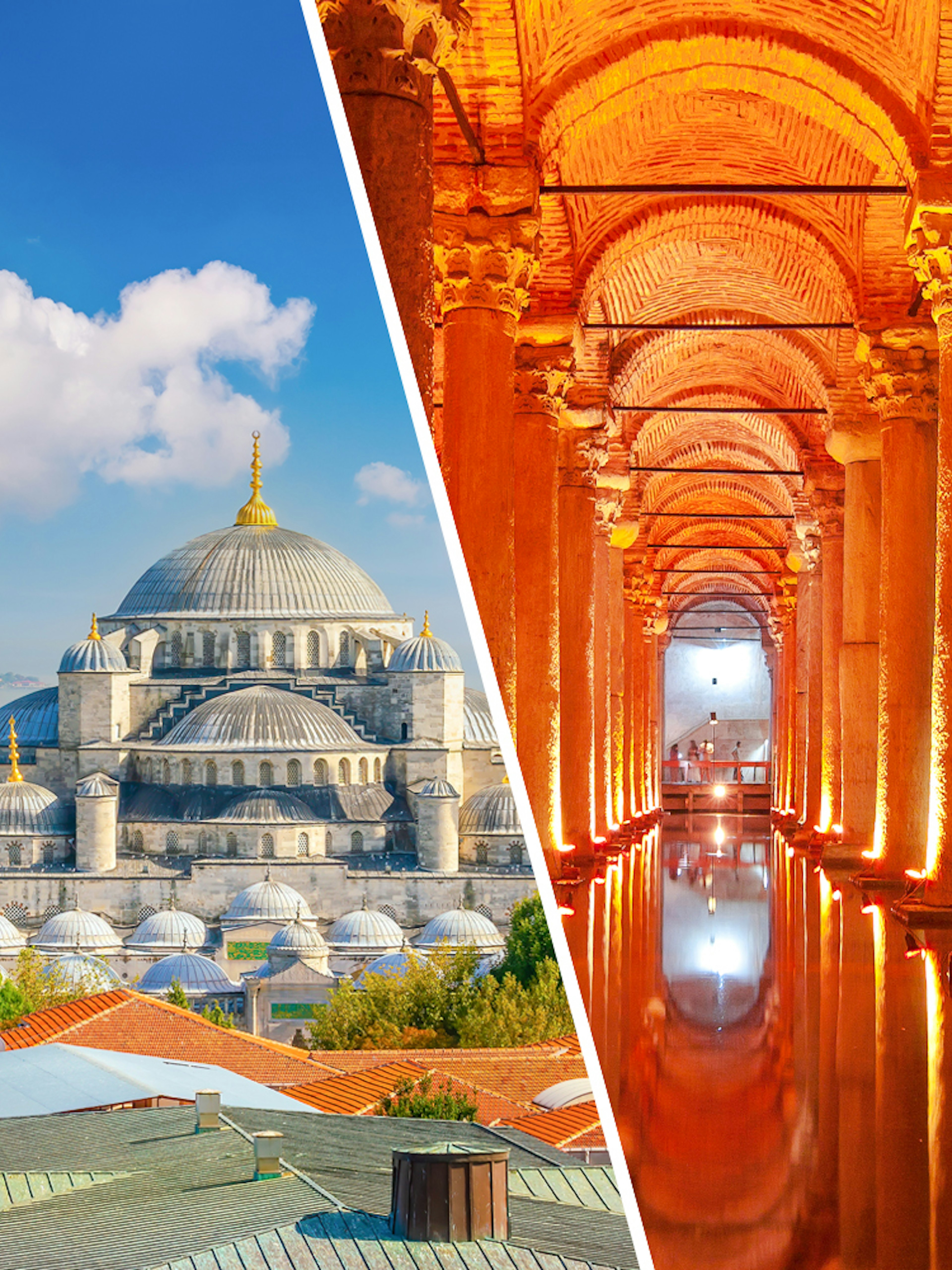 Blue Mosque exterior and Basilica Cistern interior in Istanbul, Turkey.