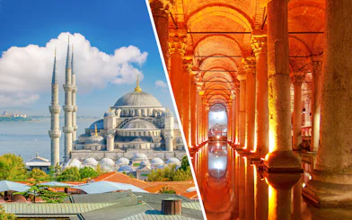 Blue Mosque exterior and Basilica Cistern interior in Istanbul, Turkey.