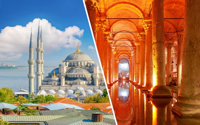 Blue Mosque exterior and Basilica Cistern interior in Istanbul, Turkey.