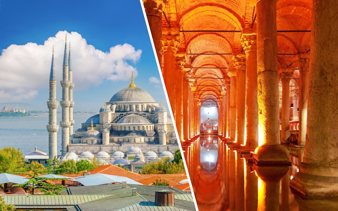 Blue Mosque exterior and Basilica Cistern interior in Istanbul, Turkey.