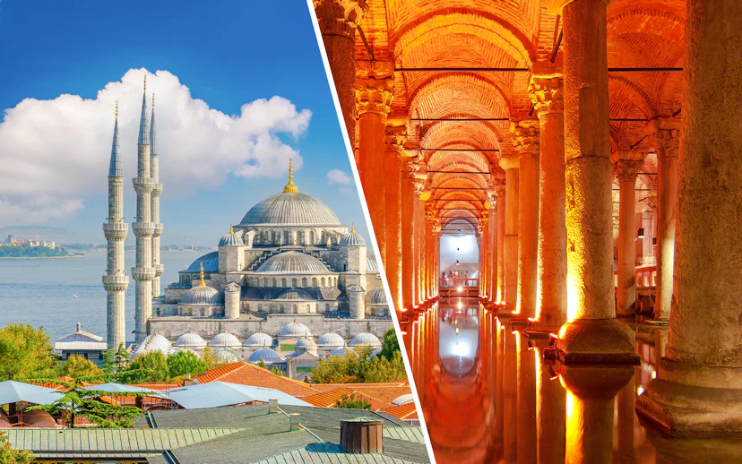 Blue Mosque exterior and Basilica Cistern interior in Istanbul, Turkey.