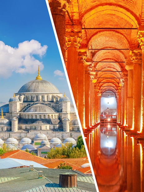 Blue Mosque exterior and Basilica Cistern interior in Istanbul, Turkey.