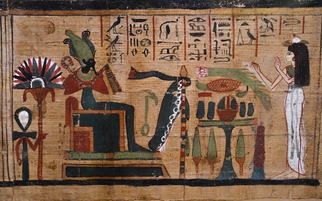 Ancient Egyptian papyrus painting with hieroglyphics and deities.