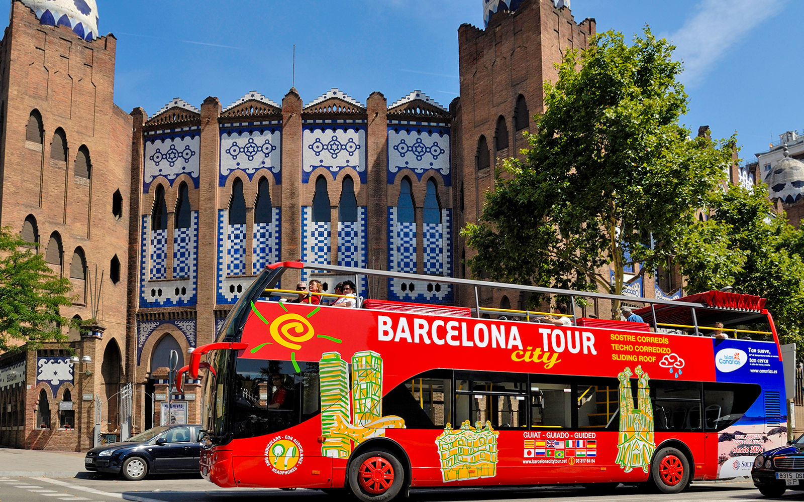 Barcelona Hop-On Hop-Off bus in front of La Monumental bullring.