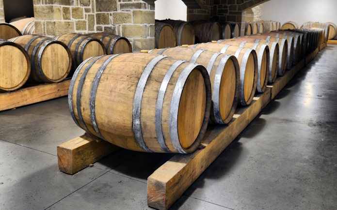 Wine barrels in a cellar during Chianti wine tasting tour from Florence.