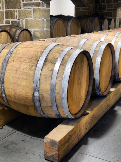 Wine barrels in a cellar during Chianti wine tasting tour from Florence.