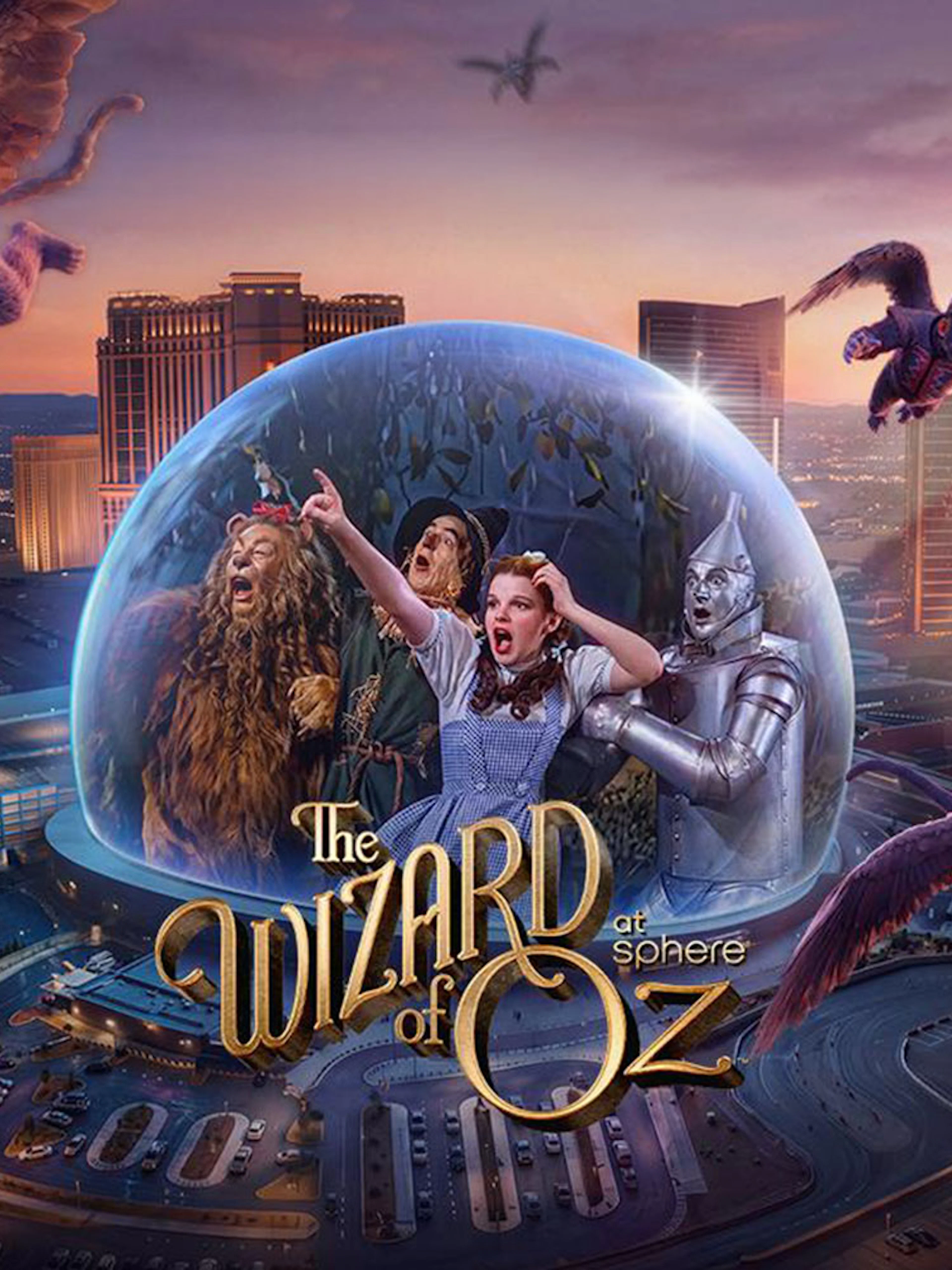 Wizard of Oz characters in a dome with flying monkeys over a cityscape backdrop