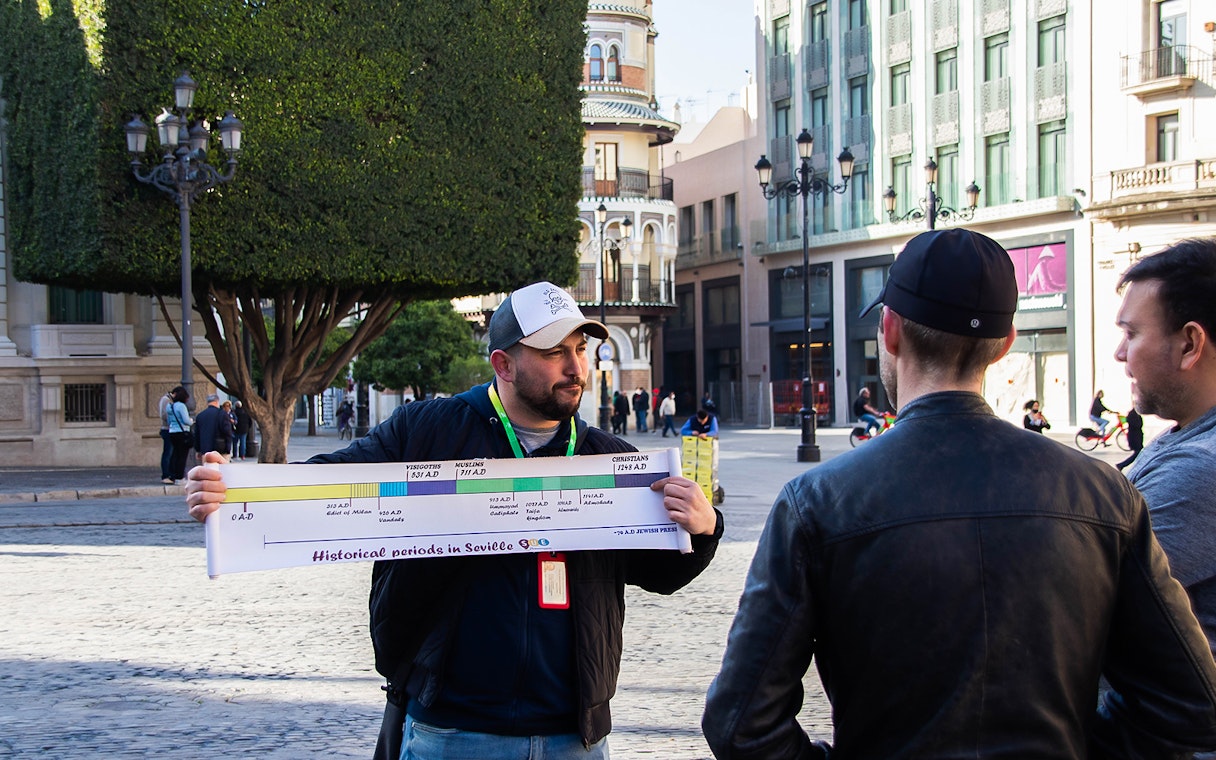 Guide explaining Seville's history to tourists with a timeline chart.