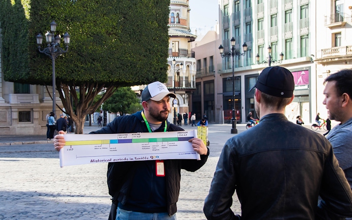 Guide explaining Seville's history to tourists with a timeline chart.