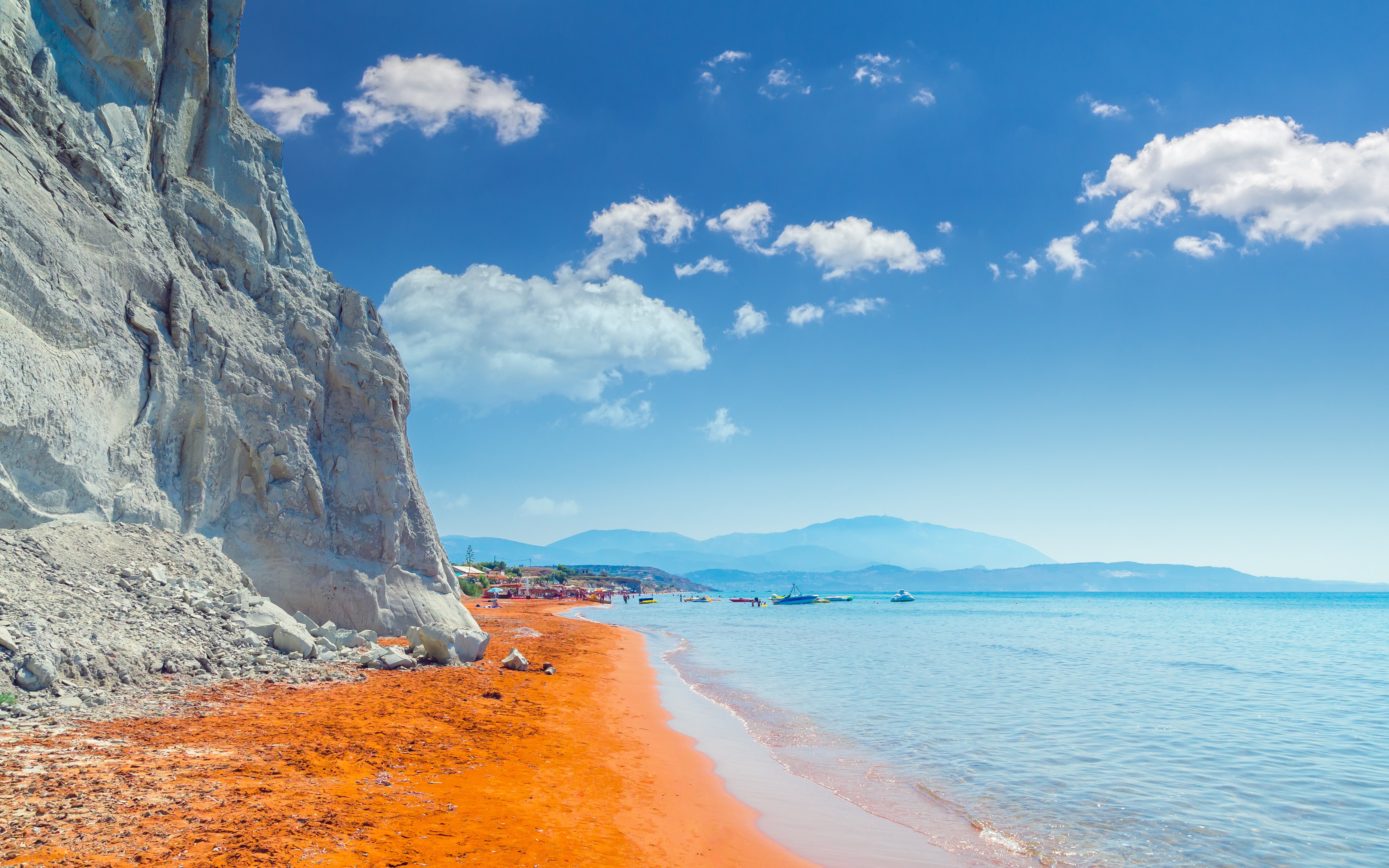 Xi Beach with red sand and cliffs, Kefalonia Island, Greece.