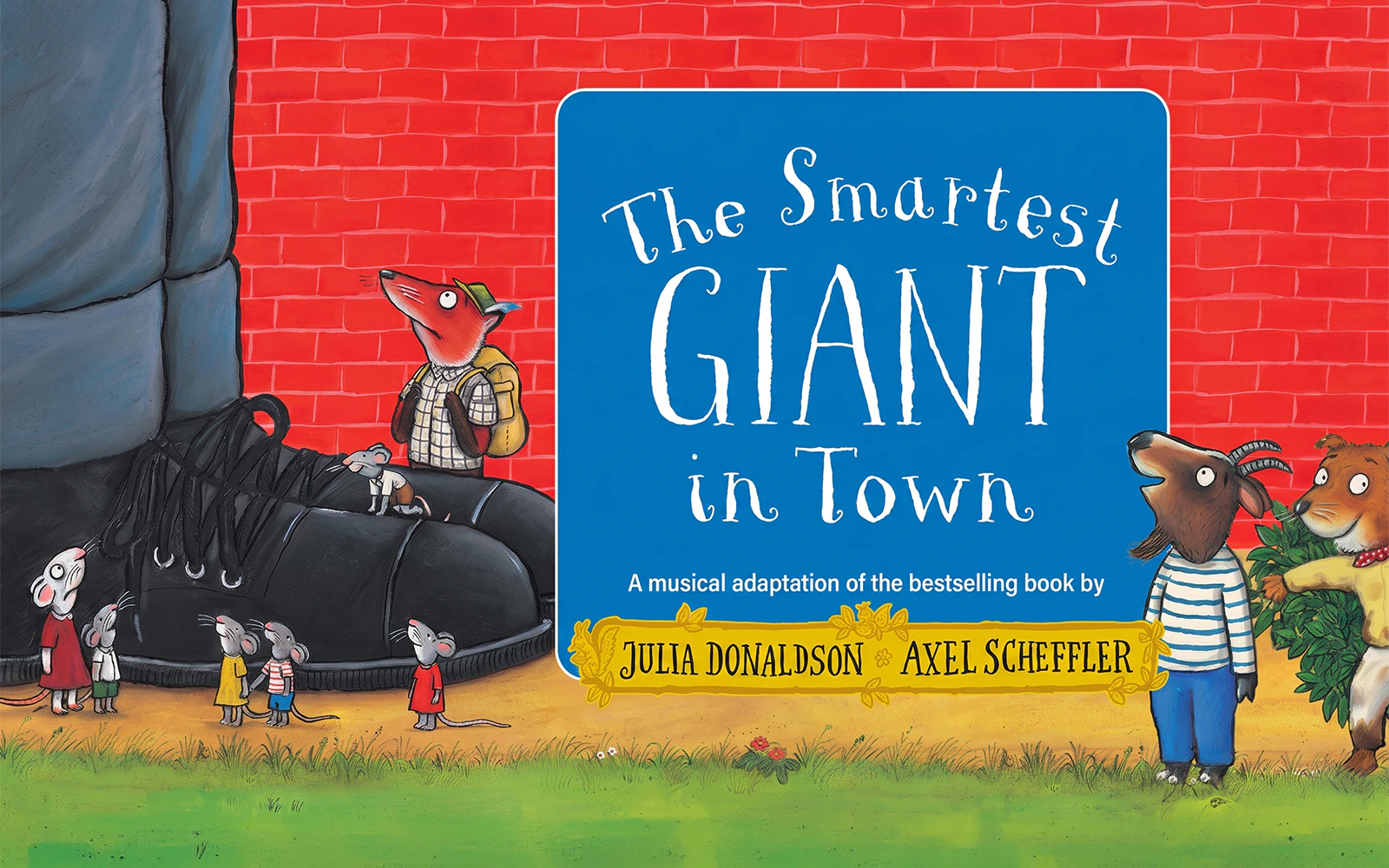 Animals gathered around giant shoes, "The Smartest Giant in Town" book cover.