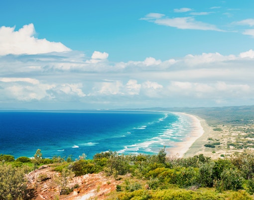 North Point coastline with ocean and sandy beach, Moreton Island, Australia.