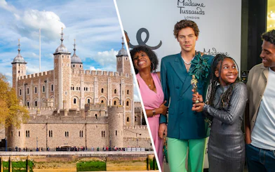 Tower of London exterior and visitors at Madame Tussauds London.