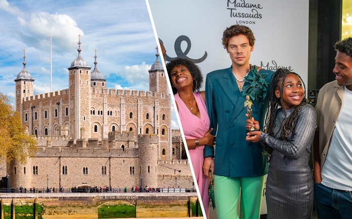 Tower of London exterior and visitors at Madame Tussauds London.